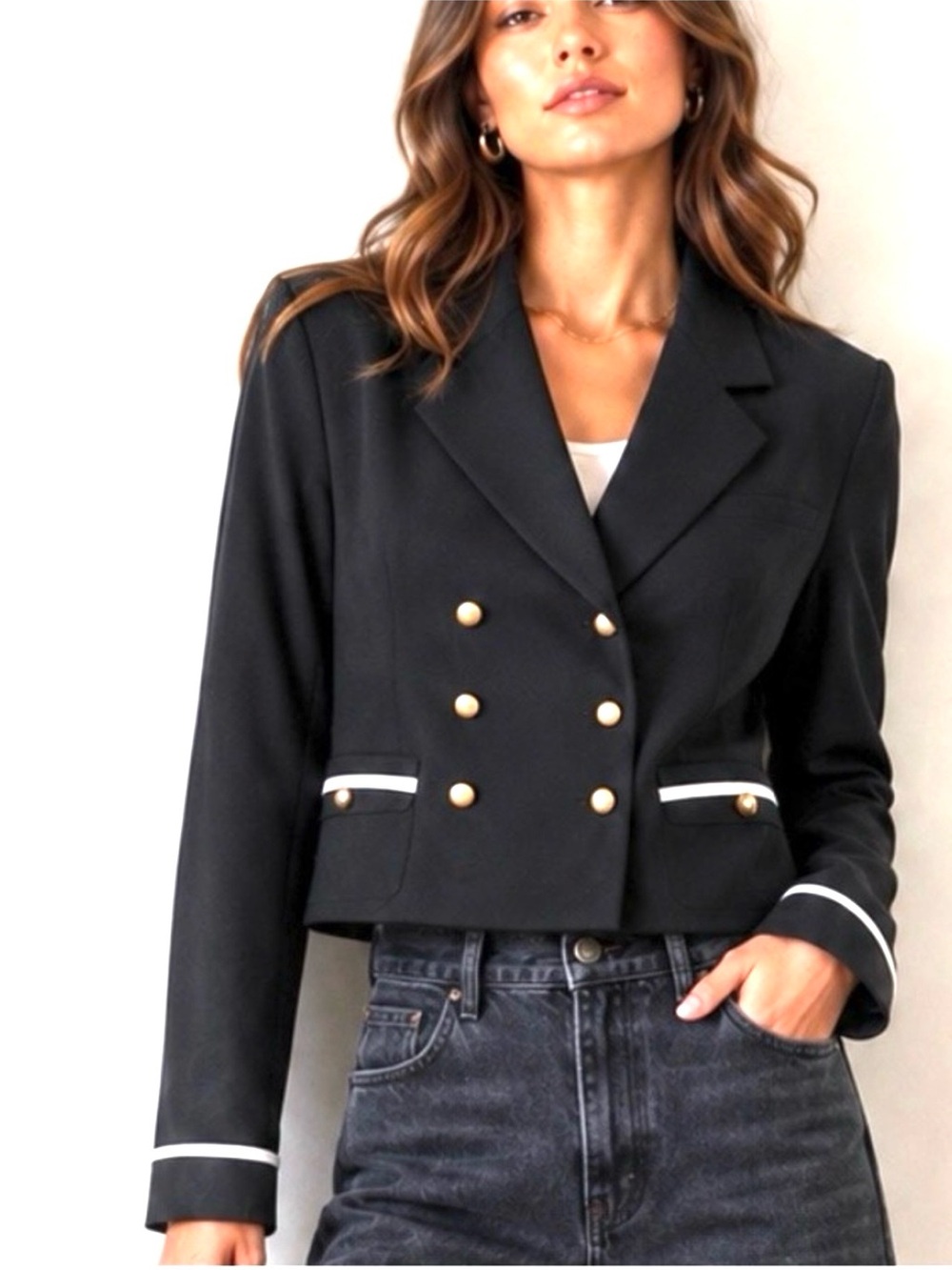Kasper Vintage Black Cropped Double-Breasted Blazer with White Trim